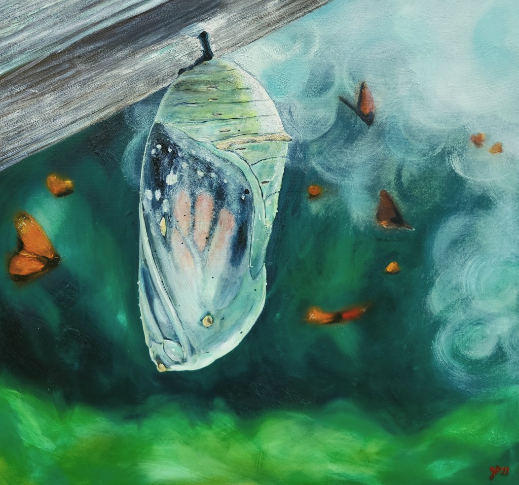 Awaiting Rebirth
30" x 32"
Oil on Canvas
2022

It's late summer and monarchs fill the air. The caterpillars have stripped the milkweed bare and christalys shells hang from ledges filling every nook and cranny in sight. A lone chrysalis hangs, its outer shell gradually thinning to reveal the fully formed butterfly within. Awaiting rebirth. The conditions must be perfect as the butterfly emerges with soft crinkled  wings. If born on a dry sunny day this monarch butterfly will be blessed with the gift of flight.

With a wingspan of 10cm and a journey of up to 5,000 km, monarch butterflies overcome the odds to arrive at their ideal nursery. Years have passed when I see only a few, but in 2019 hundreds of monarchs ended their migration at Green Line Farms in Burk's Falls. The striking banded caterpillars, chrysalises accented in gold, and deep orange butterflies are a sight to see.  The Pollinator Series would not be complete without paying homage to these magnificent pollinators.