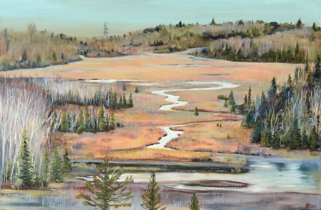 Early Spring, Cobalt Wetland
38"x 48"
Oil on Canvas
2022

This picturesque scene emerges as you climb to the peak of a tailings pile found along the Heritage Silver Trails. It is early spring and the smell of new life is in the air. The melting snow has filled this natural basin with fresh glistening water that snakes through the muted landscape. Soon the new growth will once again take hold and engulf the little stream. Hundreds of species that find sanctuary in the Cobalt Wetlands will return home.

As part of the Northern Waters Series, this work depicts the brief transition between the seasons where the water is changing states. The ephemeral stream has taken its mantle as the focal point for the work. We bear witness to the land as it undergoes its natural cleansing and replenishing, making possible the annual explosion of life we know as 'Spring'.